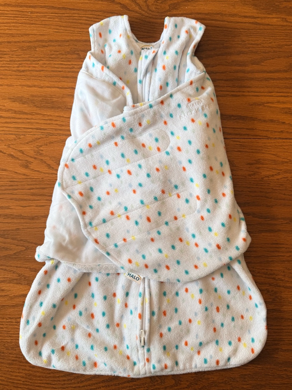 Halo Baby Sleepsack Fleece Swaddle in White with Orange, Teal, & Yellow Dots